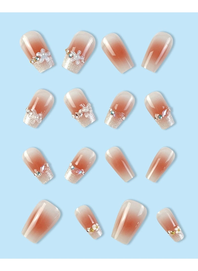 Goolsky Cat Eye Jelly Press On Nails – Blush Pink Crystal Flower Tips Handmade Gel Fake Nails, Sweet Style - Image 3