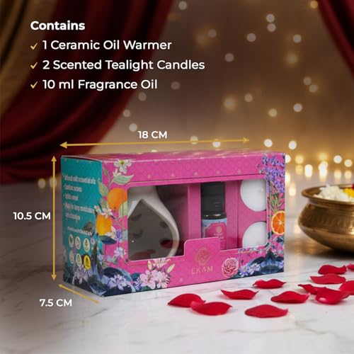 EKAM Ceramic Aroma Oil Diffuser Burner Set | Temple Bloom Fragrance Oil Diffuser for Home | Includes Oil Warmer, 2 Tealight Candles & 10ml Essential Oil | Ideal for Gifting & Relaxation - Image 2