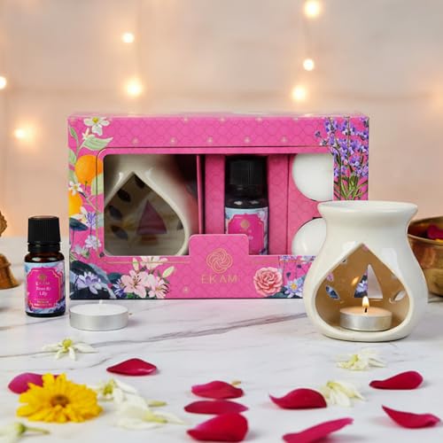 EKAM Ceramic Aroma Oil Diffuser Burner Set | Temple Bloom Fragrance Oil Diffuser for Home | Includes Oil Warmer, 2 Tealight Candles & 10ml Essential Oil | Ideal for Gifting & Relaxation - Image 1