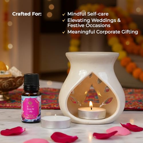 EKAM Ceramic Aroma Oil Diffuser Burner Set | Temple Bloom Fragrance Oil Diffuser for Home | Includes Oil Warmer, 2 Tealight Candles & 10ml Essential Oil | Ideal for Gifting & Relaxation - Image 5