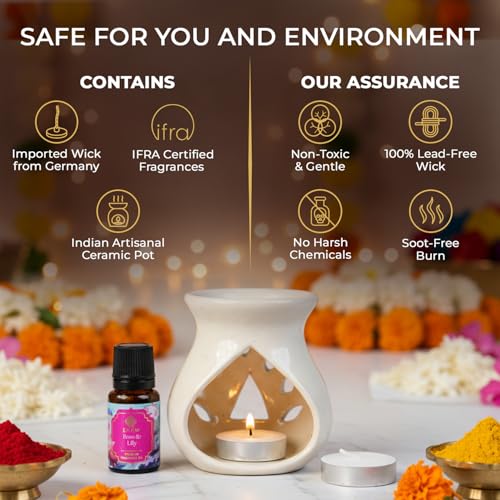 EKAM Ceramic Aroma Oil Diffuser Burner Set | Temple Bloom Fragrance Oil Diffuser for Home | Includes Oil Warmer, 2 Tealight Candles & 10ml Essential Oil | Ideal for Gifting & Relaxation - Image 3