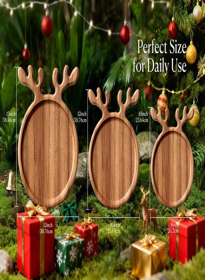 Dofira Acacia Wood Serving Platter, Christmas Decorative Reindeer Antler, 12"x10"Round Wooden Food Dish Display Plate, Charcuterie Board Tray for Cheese Fruit, Kitchen Gift for Mother’s Day (Gift Box) - Image 2