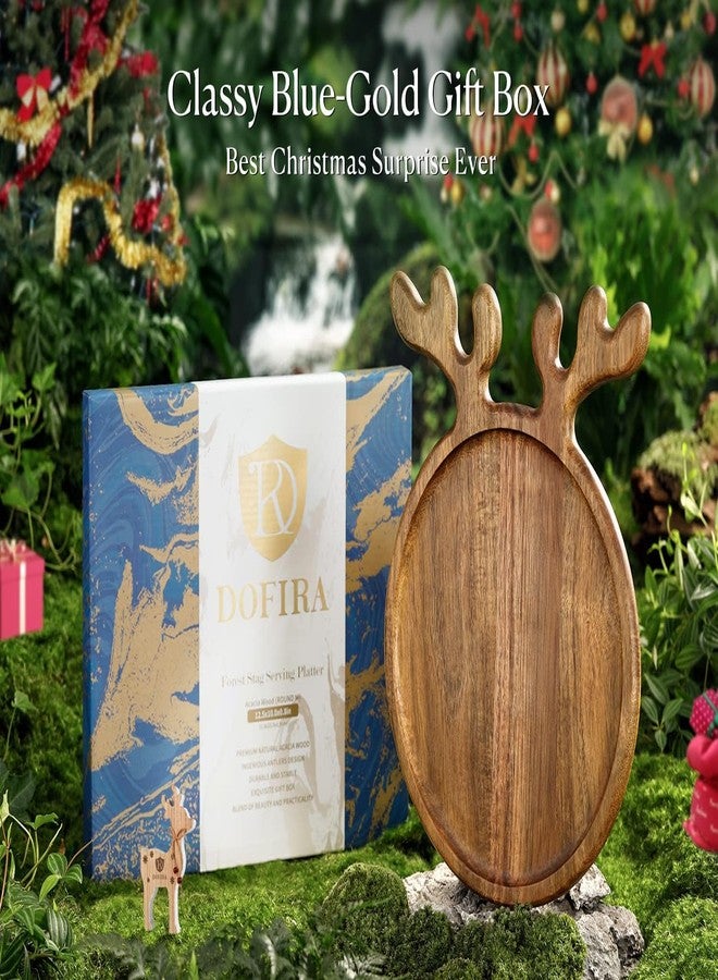 Dofira Acacia Wood Serving Platter, Christmas Decorative Reindeer Antler, 12"x10"Round Wooden Food Dish Display Plate, Charcuterie Board Tray for Cheese Fruit, Kitchen Gift for Mother’s Day (Gift Box) - Image 5