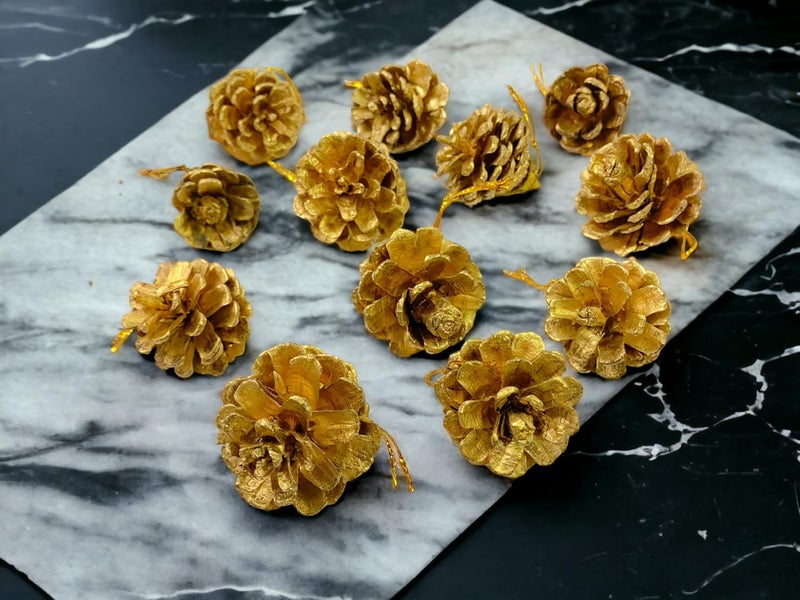 Evisha 12 Golden Wooden Pine Christmas Tree Pine Cones Ornaments Natural Pine Cones Pendant Crafts Wooden Xmas Tree Fall Decorations for Fall Halloween Thanksgiving Christmas Tree Hanging Pine - Image 2