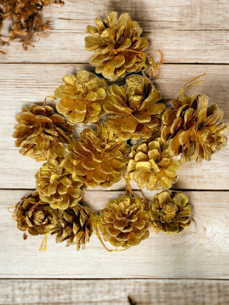 Evisha 12 Golden Wooden Pine Christmas Tree Pine Cones Ornaments Natural Pine Cones Pendant Crafts Wooden Xmas Tree Fall Decorations for Fall Halloween Thanksgiving Christmas Tree Hanging Pine - Image 1