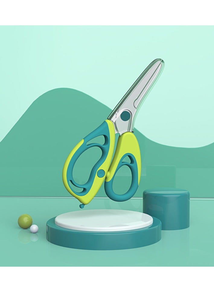 أطفال الهوغوز مقص طعام من الفولاذ المقاوم للصدأ منتجات الأم والطفل قطع خضروات ومقص تغذية منزلي محمول (أخضر) متعدد الوظائف - Image 1