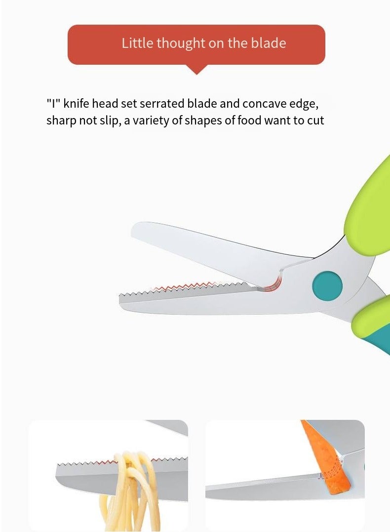 أطفال الهوغوز مقص طعام من الفولاذ المقاوم للصدأ منتجات الأم والطفل قطع خضروات ومقص تغذية منزلي محمول (أخضر) متعدد الوظائف - Image 5