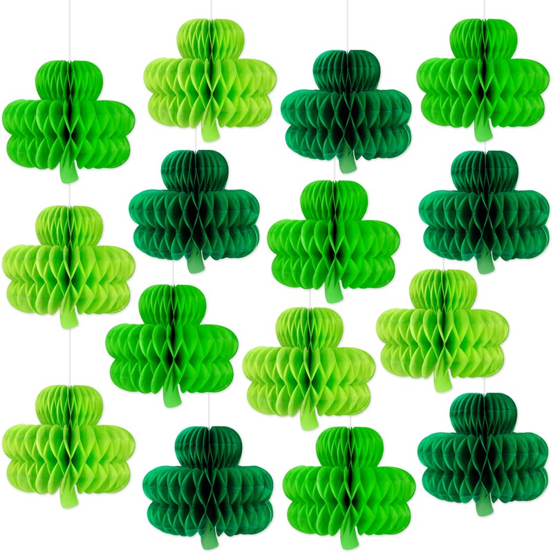 Renbuzhu 15Pcs St Patricks Day Hanging Decorations - Shamrock Honeycomb Paper Irish Ceiling Decor for Table Centerpiece Birthday Party Favor - Image 1