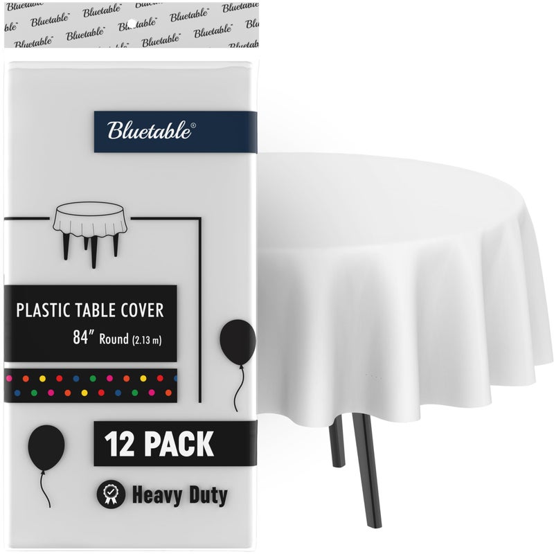 White Plastic Tablecloth Round Disposable 12 Pack Bulk Table Cloth 84 Inches 4 5 or 6 Foot Round Tables Premium Manteles para Fiestas White Party Tablecloths 12 Pack