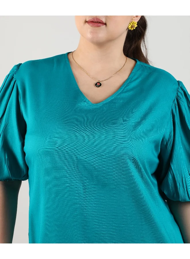 انستافاب بلس فستان نسائي أزرق مخضر سادة بتصميم - للاستخدام اليومي بياقة  وأكمام قصيرة وإغلاق سحب مقاسات كبيرة مصنوع براحة للاستخدام اليومي