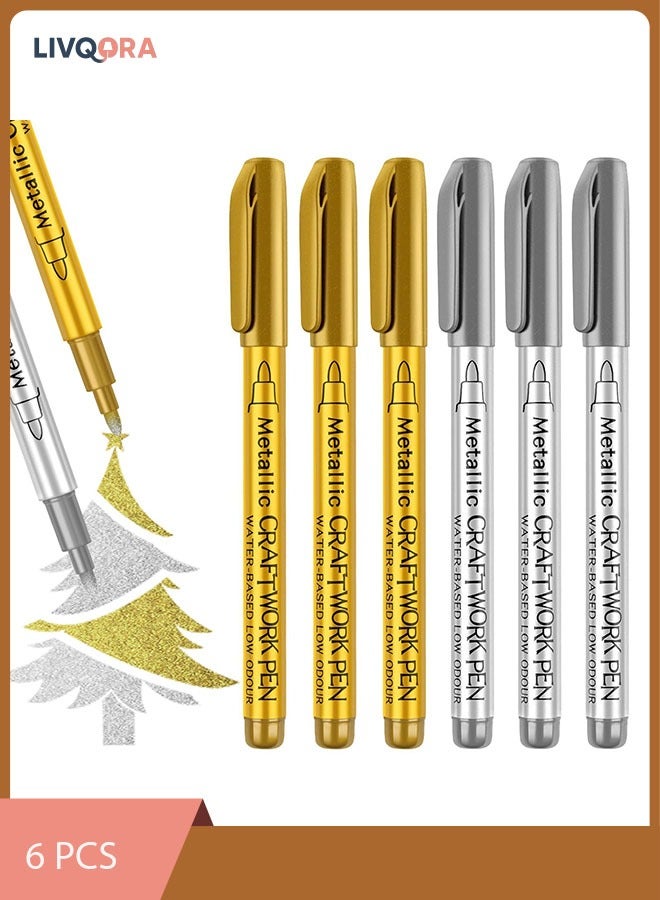 Metallic Acrylic Paint Markers Set (6 Pack) - 3 Gold & 3 Silver, Water-Based, Extra-Fine 1.5mm Tip for Rock, Ceramic, Glass, Wood, Fabric, and Scrapbooking