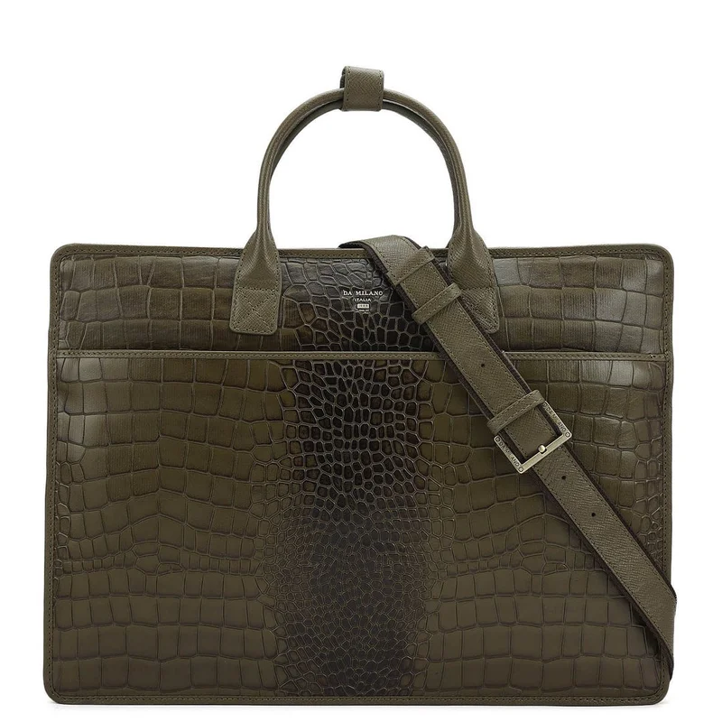 Da Milano Da Milano Croco-Embossed Leather Laptop Sleeve Case - Military Green (SL-0020A-L)