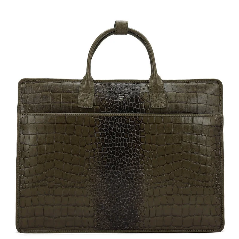 Da Milano Da Milano Croco-Embossed Leather Laptop Sleeve Case - Military Green (SL-0020A-L)