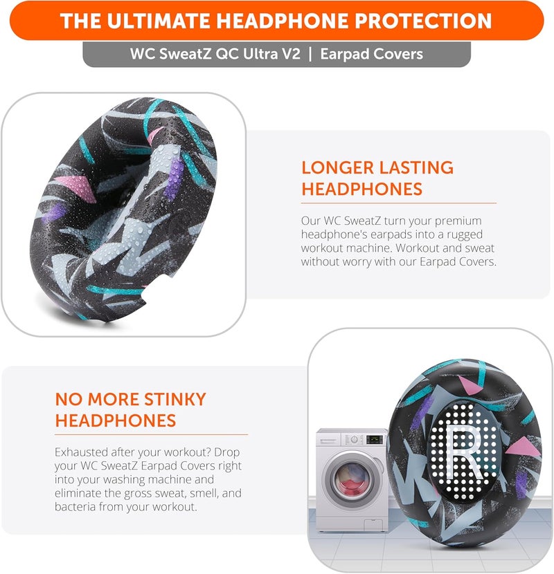 WC SweatZ QC Ultra - Protective Earpad Covers for Bose QuietComfort Ultra by Wicked Cushions | Sweatproof & Easily Washable | Does not fit any other Bose Headphones | 90's Black - Image 4