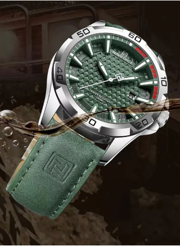 NAVIFORCE - Leather Strap Sports Design Analog Wrist Watch For Men NF8023 S/GN/GN - Image 1