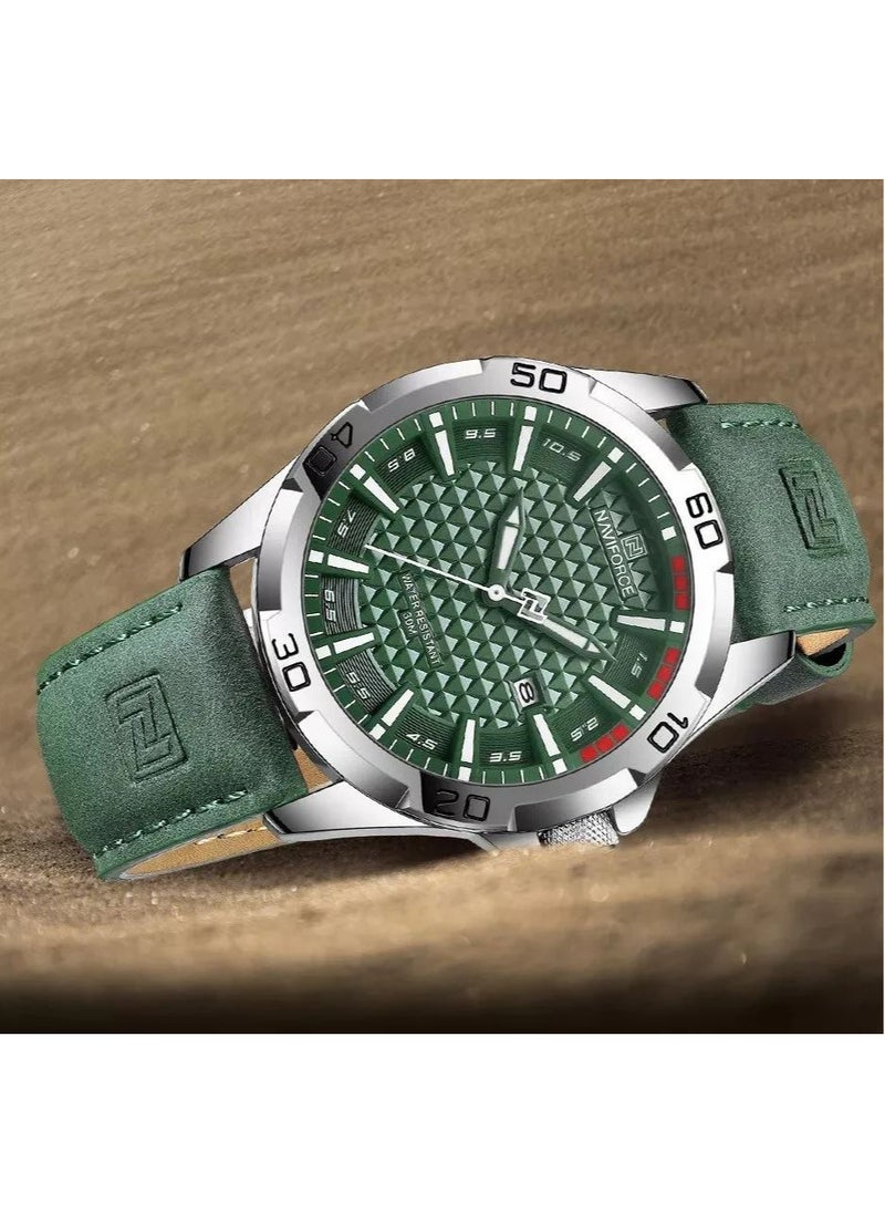 NAVIFORCE - Leather Strap Sports Design Analog Wrist Watch For Men NF8023 S/GN/GN - Image 1