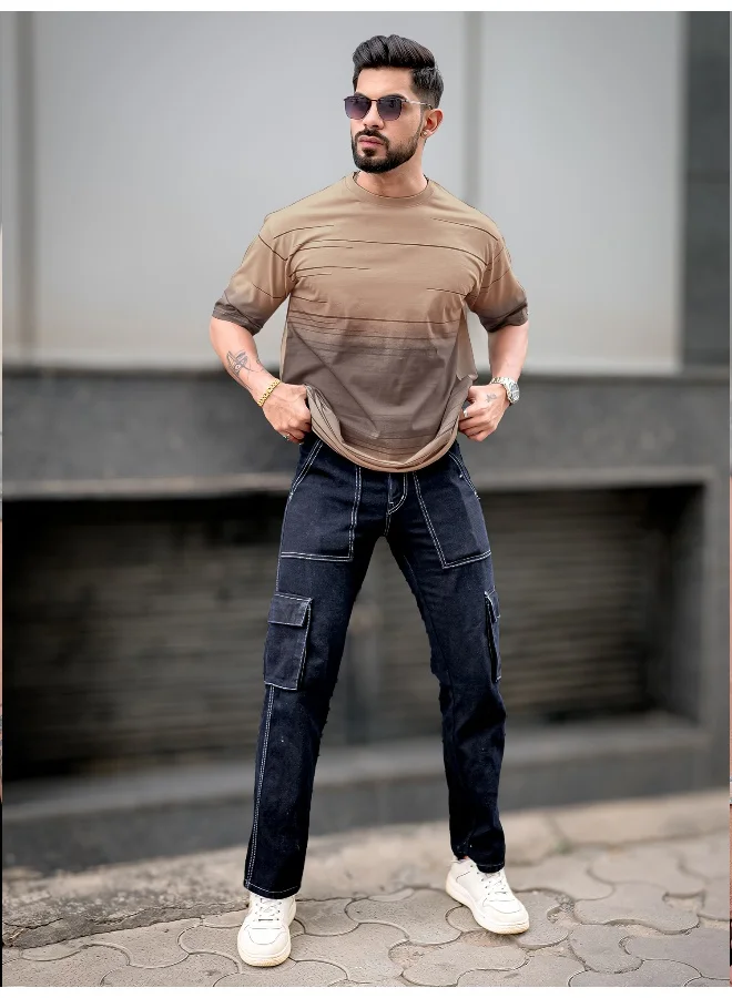 Maniac  Maniac Men Textured Polo Neck Half Sleeve Half Zipper Cream Color Cotton T-Shirt for Men | Best Price UAE