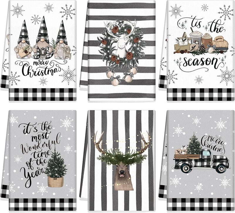 FuWeave 6 Pcs Christmas Kitchen Towels Winter Dish Towel 21 x 14 Inch Decorative Bathroom Hand Towel Absorbent Holiday Tea Towel Christmas Decor for Kitchen Farmhouse GiftClassic ColorsLovely - Image 1