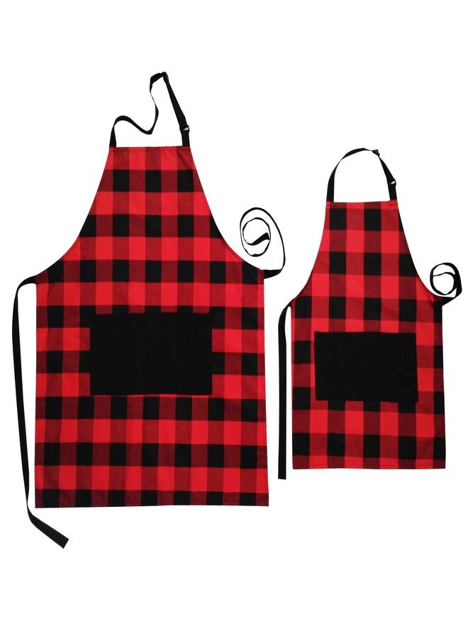 FixGrub Adult & Child Matching Aprons with Pockets, Kitchen Aprons for Cooking, Baking, Crafting, Gardening & BBQ - Cotton Adjustable Red & Black Buffalo Check Plaid Mother Daughter Aprons - Image 1