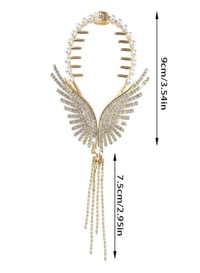 EPARTY مشابك شعر مرصعة بأحجار الراين على شكل أجنحة ملاك من إي بارتي، مشابك شعر ذهبية مزينة بشرابة، مشابك شعر مزينة باللؤلؤ، إكسسوارات تصفيف شعر على شكل رأس حبة دواء، دبابيس شعر ملفوفة عالية على شكل ذيل حصان، إكسسوارات شعر لامعة للبنات - Image 3