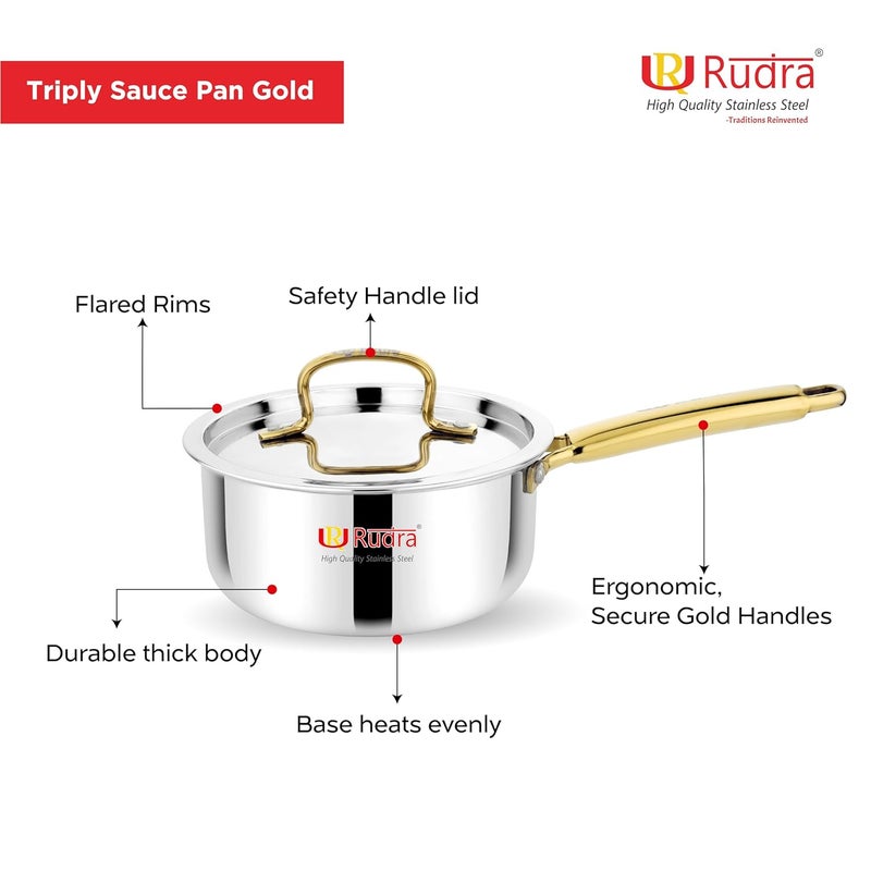 Rudra Triply Stainless Steel Cookware Saucepan Gold with Lid 25mm Thick Tea Chai Milk Pan for Boiling Induction Base 5 Years Warranty 14 cm - Image 4