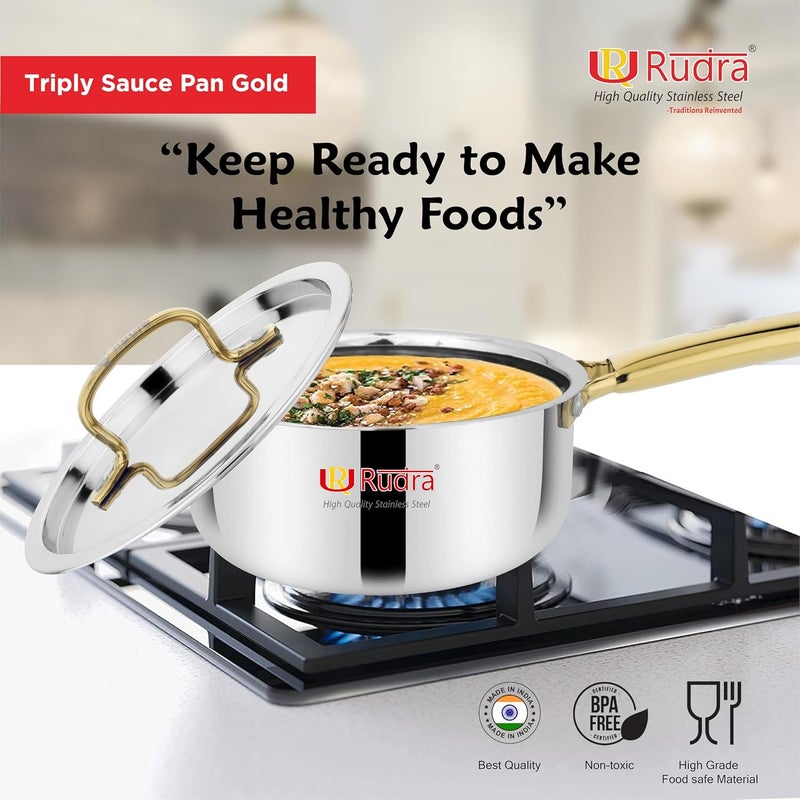 Rudra Triply Stainless Steel Cookware Saucepan Gold with Lid 25mm Thick Tea Chai Milk Pan for Boiling Induction Base 5 Years Warranty 14 cm - Image 5