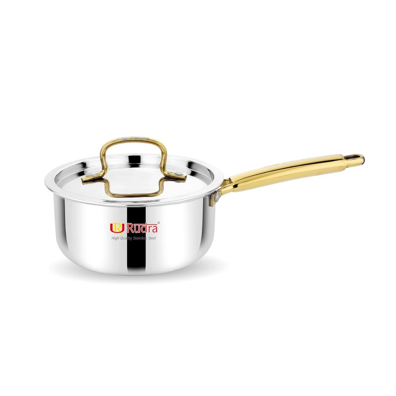 Rudra Triply Stainless Steel Cookware Saucepan Gold with Lid 25mm Thick Tea Chai Milk Pan for Boiling Induction Base 5 Years Warranty 14 cm - Image 1