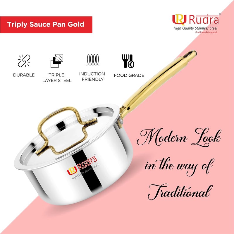 Rudra Triply Stainless Steel Cookware Saucepan Gold with Lid 25mm Thick Tea Chai Milk Pan for Boiling Induction Base 5 Years Warranty 14 cm - Image 3