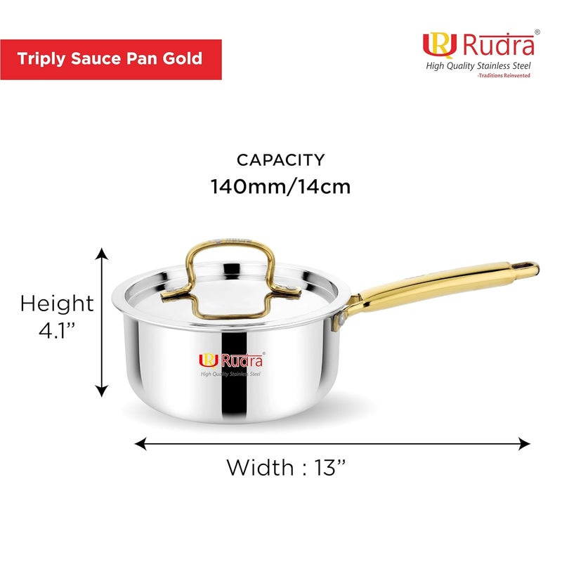 Rudra Triply Stainless Steel Cookware Saucepan Gold with Lid 25mm Thick Tea Chai Milk Pan for Boiling Induction Base 5 Years Warranty 14 cm - Image 2