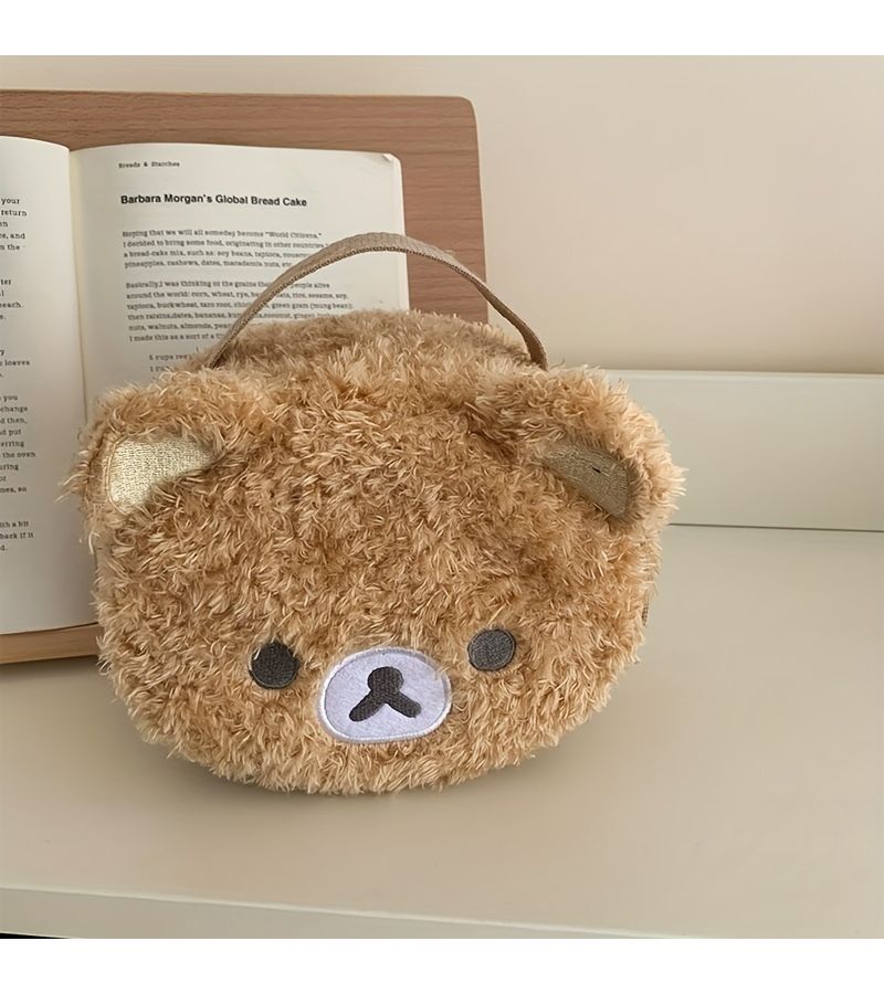 Large Khaki Cartoon Bear Cosmetic Bag Portable Plush Storage for Women - Image 5