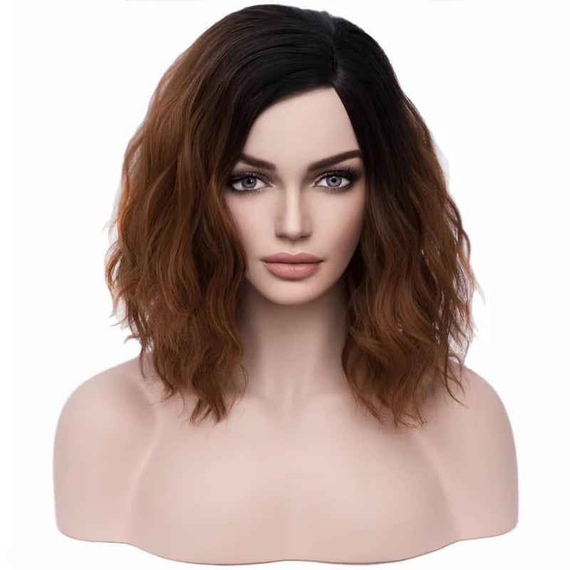 BERON Brown Ombre Wigs for Women Short Curly Bob Wavy Wig Girls Black and Brown Body Wave Shoulder Length Cosplay or Daily Wigs