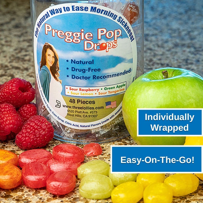 Preggie Pop Drops حبوب بريجي بوب لتخفيف غثيان الصباح للنساء الحوامل. حلوى متنوعة لذيذة للحمل. 48 حبة - Image 2