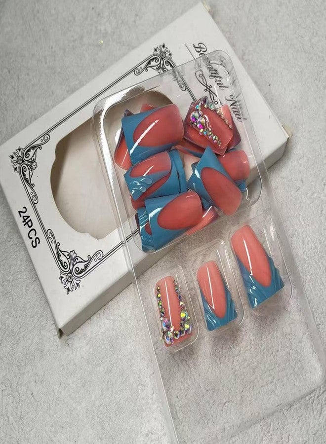 Jremg Blue French Tip Press on Nails Duck Fake Nails with Rhinestones Designs Glossy 3D French Glue on Nails Reusable Luxury Nude Pink False Nails for Women 24Pcs - Image 2