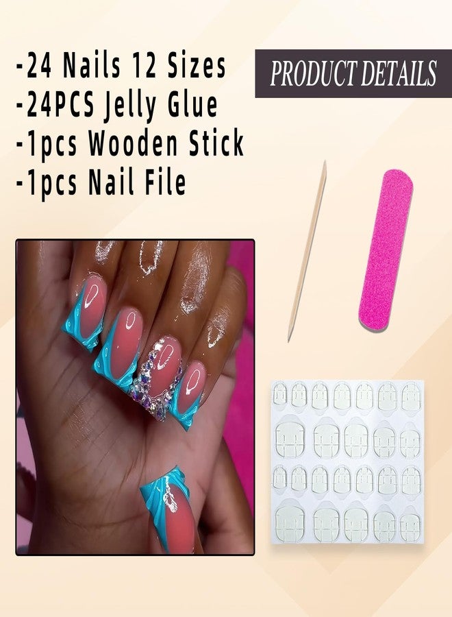Jremg Blue French Tip Press on Nails Duck Fake Nails with Rhinestones Designs Glossy 3D French Glue on Nails Reusable Luxury Nude Pink False Nails for Women 24Pcs - Image 5