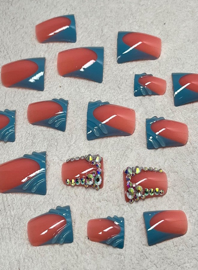 Jremg Blue French Tip Press on Nails Duck Fake Nails with Rhinestones Designs Glossy 3D French Glue on Nails Reusable Luxury Nude Pink False Nails for Women 24Pcs - Image 4