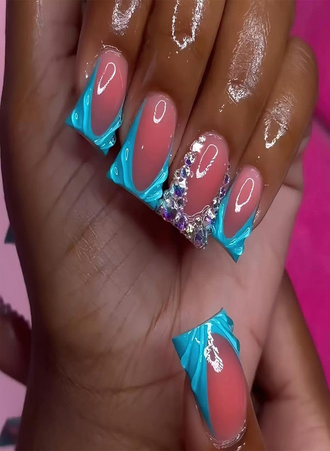 Jremg Blue French Tip Press on Nails Duck Fake Nails with Rhinestones Designs Glossy 3D French Glue on Nails Reusable Luxury Nude Pink False Nails for Women 24Pcs - Image 1
