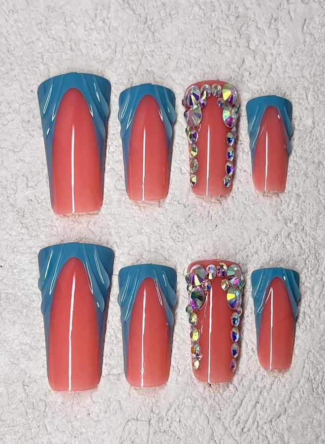 Jremg Blue French Tip Press on Nails Duck Fake Nails with Rhinestones Designs Glossy 3D French Glue on Nails Reusable Luxury Nude Pink False Nails for Women 24Pcs - Image 3