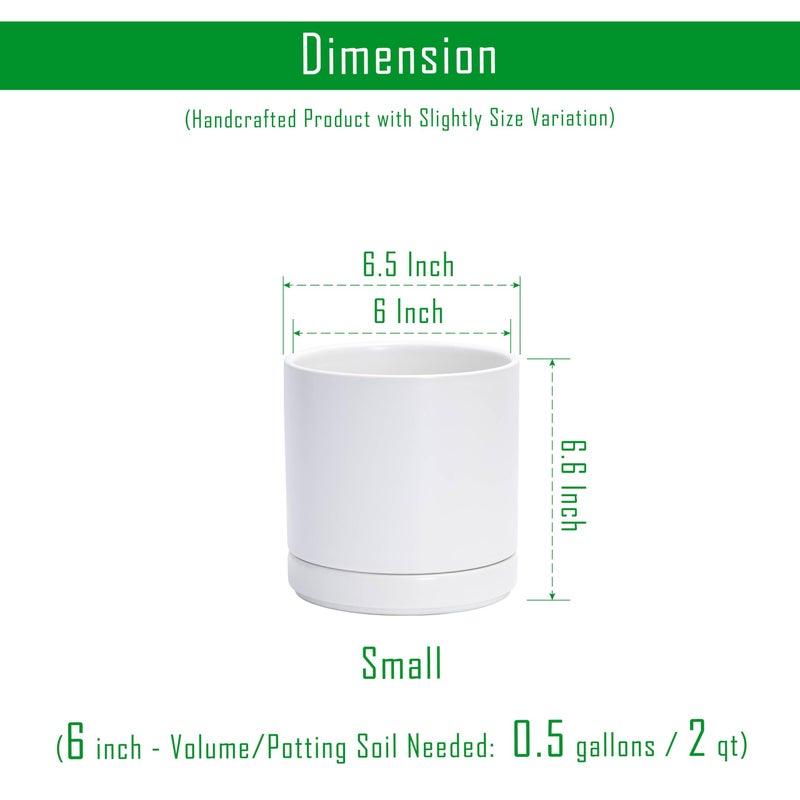 D'vine Dev Set of 2 Plants Pots, 6.5 Inch Ceramic Planter Pot for Plants with Drainage Hole and Saucer, White, 94-V-C-1 - Image 3