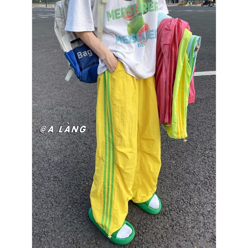 Fluorescent green three-bar pants dopamine bright color wear Pink - Image 5