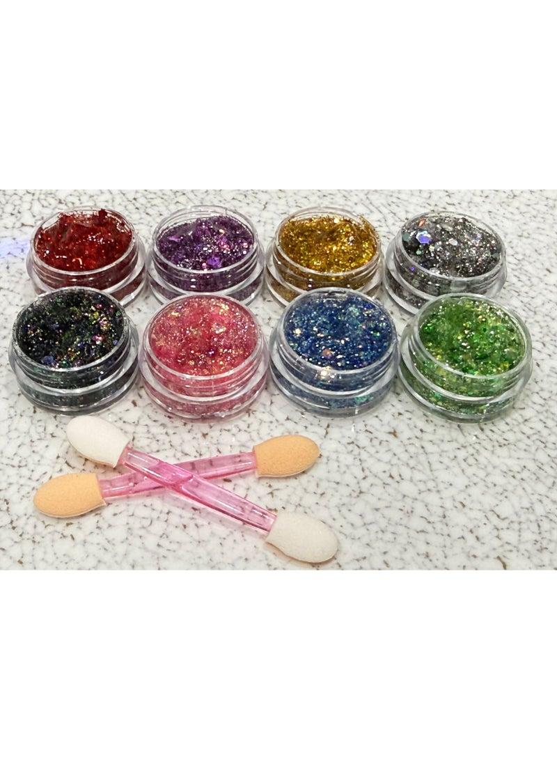 Glitter Shimmer, Makeup Decoration Gel 8 Pieces + 2 Brushes (Multi-colored) - Image 1