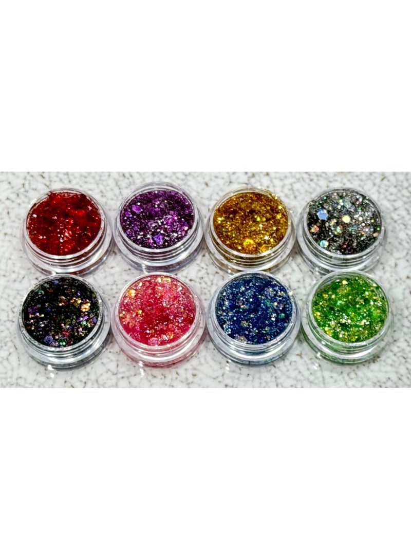 Glitter Shimmer, Makeup Decoration Gel 8 Pieces + 2 Brushes (Multi-colored) - Image 2