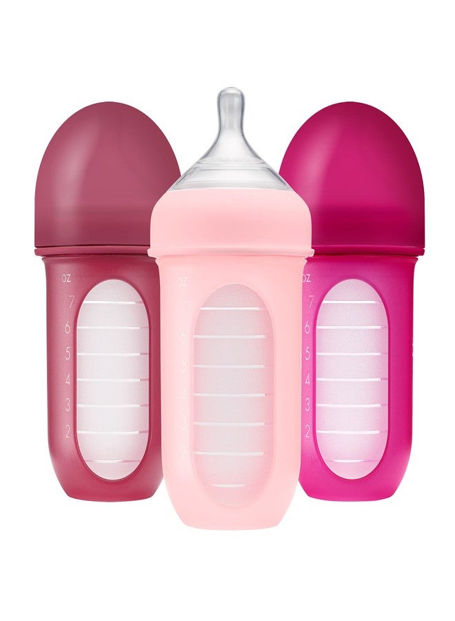 Boon Nursh Reusable Silicone Pouch Baby Bottles - Medium Flow Nipple - Silicone Baby Bottle Pouch and Nipple - Baby Feeding Essentials - Pink - 3-6 Months - 3 Count - 8 Ounce - Image 1