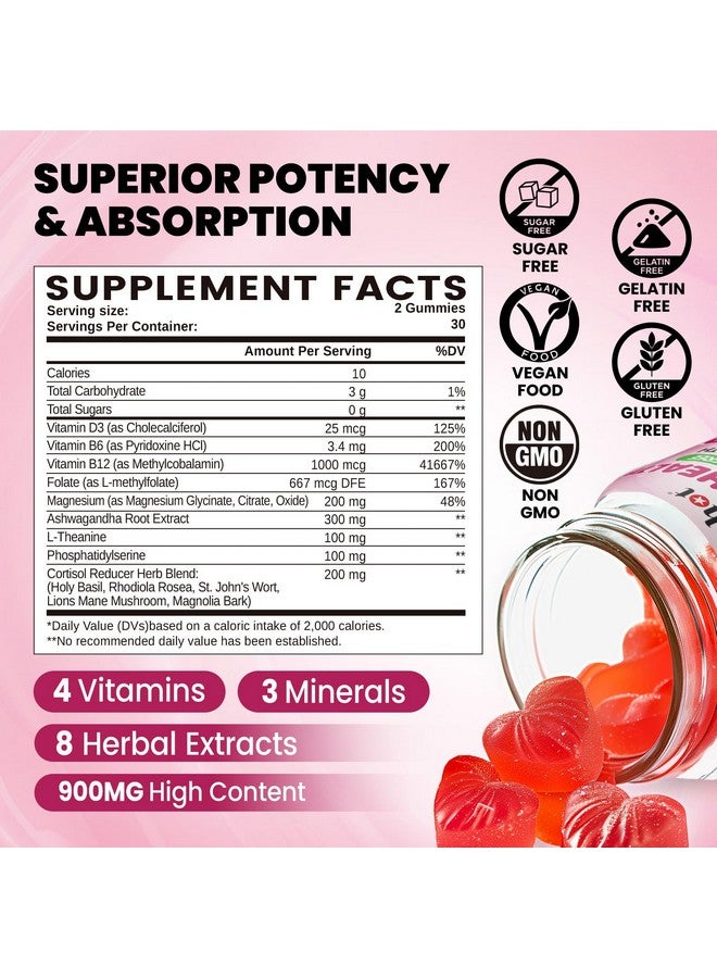 duwhot duwhot Cortisol Gummies, 15 in 1 Lower Cortisol Supplements for Women, w. Ashwagandha, Magnesium, Phosphatidylserine, Folate for Hormone Balance, Mood, Focus, Sleep Support, Sugar Free, Vegan, 60  - Image 2