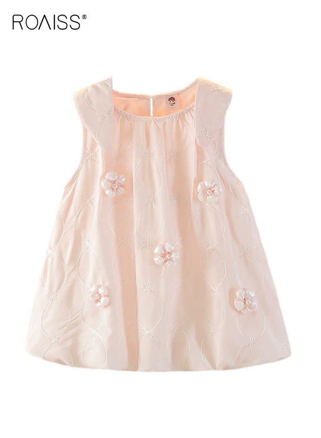 roaiss Girls Stylish Summer Dress, Elegant A-Line Frock with 3D Flowers, Round Neck Sleeveless Dress, Comfortable Breathable Tank Dress for Girls, Suit for Daily Wear or Any Occasion - Image 2