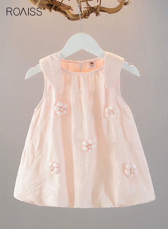 roaiss Girls Stylish Summer Dress, Elegant A-Line Frock with 3D Flowers, Round Neck Sleeveless Dress, Comfortable Breathable Tank Dress for Girls, Suit for Daily Wear or Any Occasion - Image 1