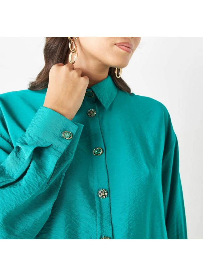 Iconic Iconic Solid Embellished Button Shirt with Long Sleeves