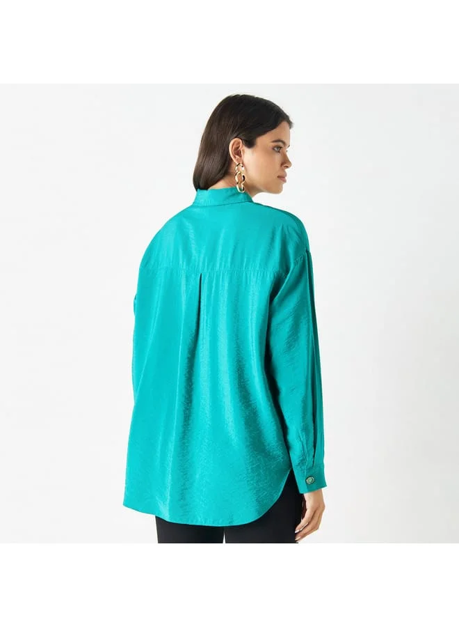 Iconic Iconic Solid Embellished Button Shirt with Long Sleeves