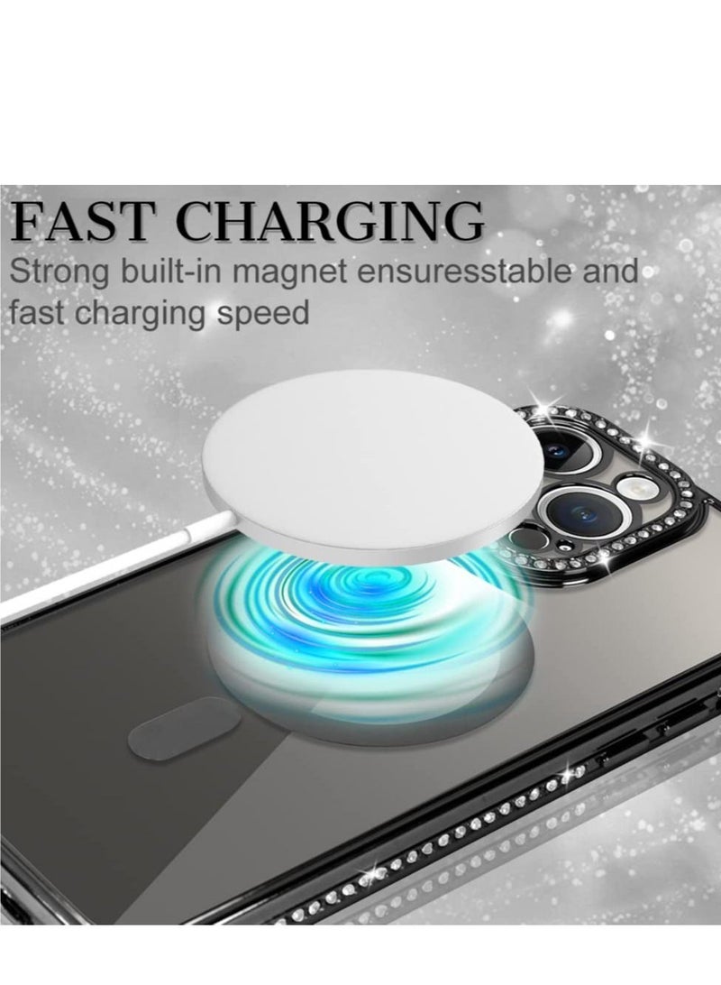 Glitter Case for iPhone 14 Pro Max (Compatible with MagSafe) Magnetic Glitter Sparkly Clear Luxury Plating Diamond Bumper Full Camera Protective Cover Compatible for Women Girls -Black  - Image 4
