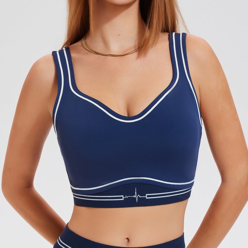 Sports Bra Navy Blue European and American New for Women's Nude Feeling High-intensity Running Fitness Beautiful Back Push-up Anti-sagging Yoga Bra