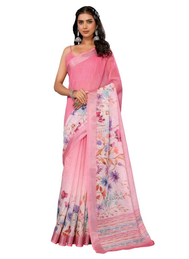 Janasya Janasya Women's Pink Linen Blend Floral Printed Saree with Blouse Piece (SAR456-J) - Image 1